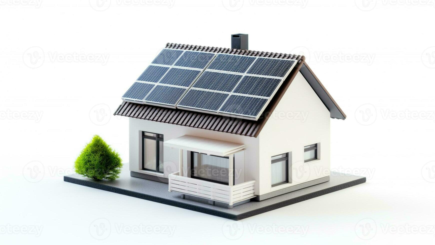 miniature house model with solar panel on roof on white background. smart home energy saving concept. generative AI photo