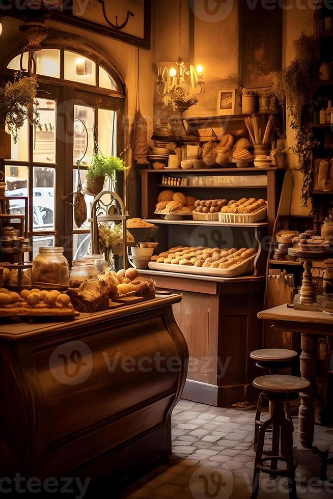 Bakery Pastry Shop warm atmosphere in the morning generated AI photo