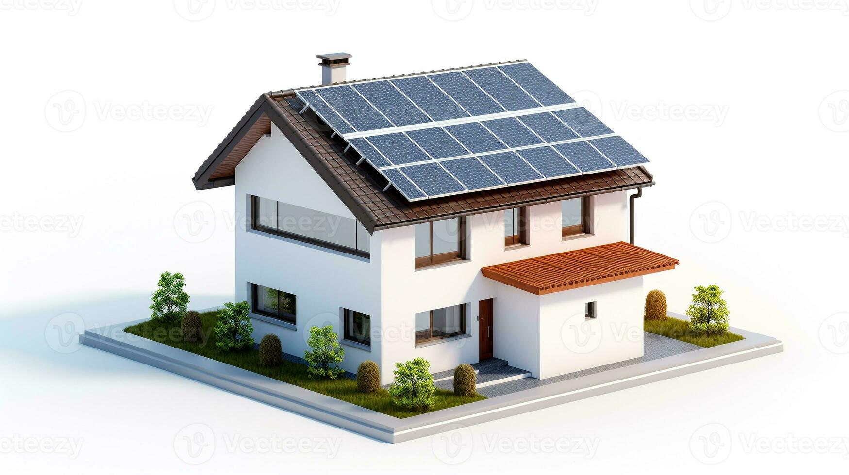 miniature house model with solar panel on roof on white background. smart home energy saving concept. generative AI photo