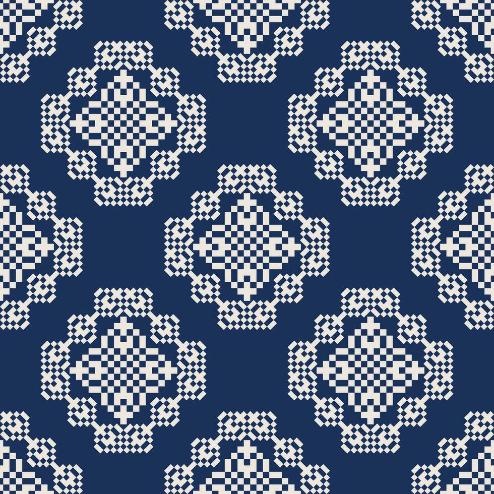 geométrico azul blanco bordado modelo. geométrico floral cuadrado forma sin costura modelo píxel Arte estilo. étnico geométrico modelo utilizar para textil, fondo de pantalla, almohadón, tapicería, envase, etc. vector