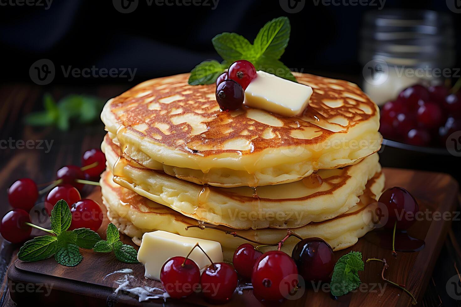 Pancakes with butter honey and maple syrup photo