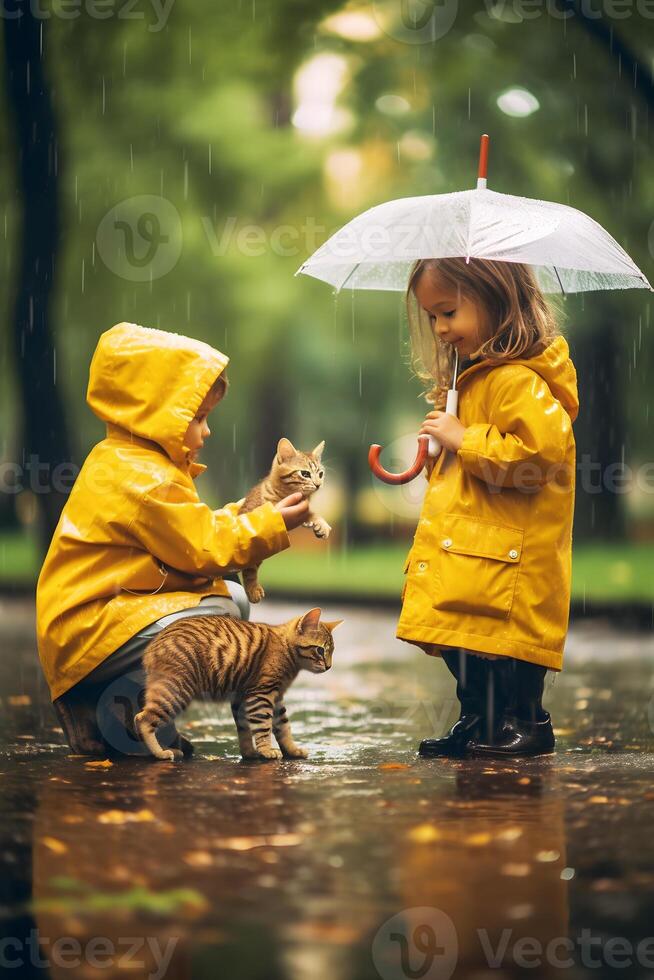 a child in a raincoat playing with a cat on a rainy day photo