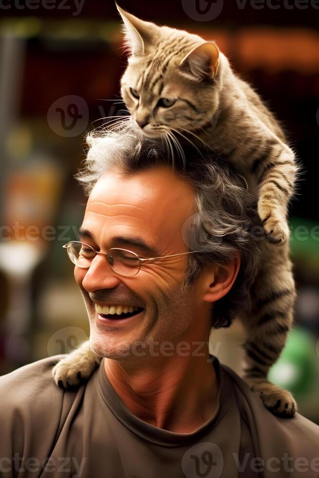 a kitten perched on the head of a man laughing happily photo