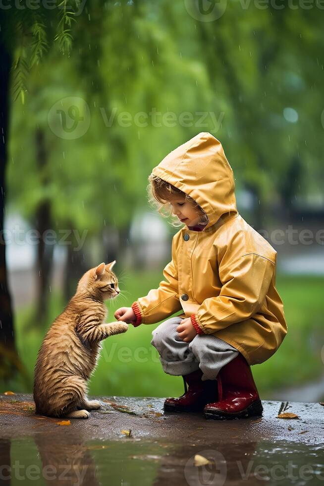 a child in a raincoat playing with a cat on a rainy day photo