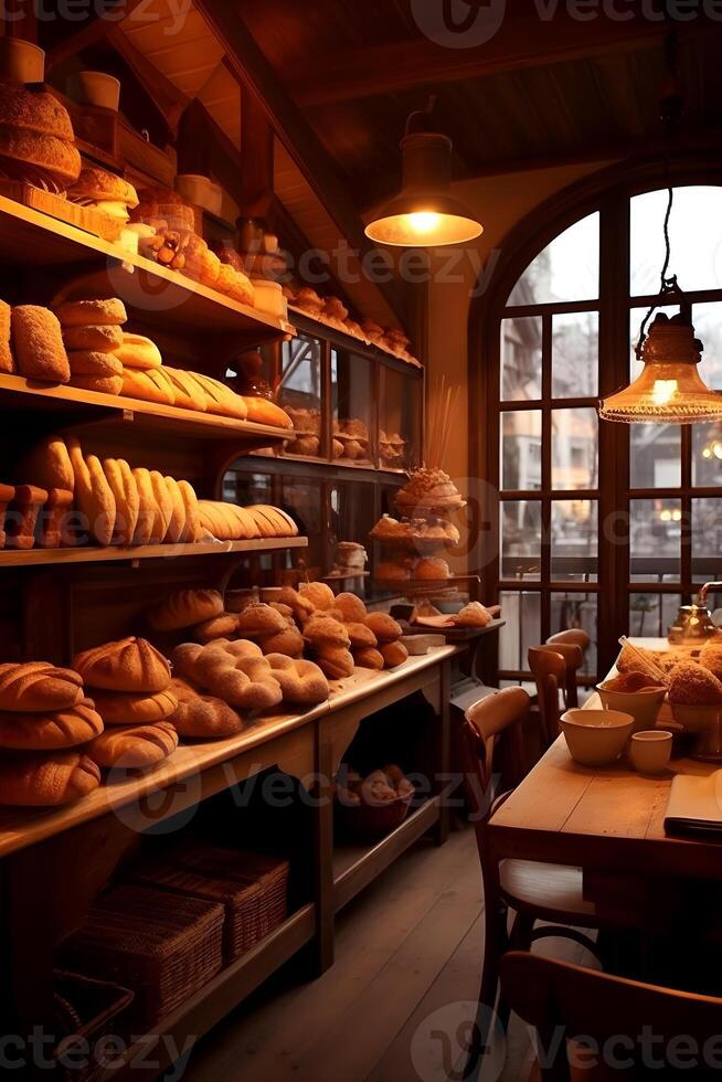 Bakery Pastry Shop warm atmosphere in the morning generated AI photo