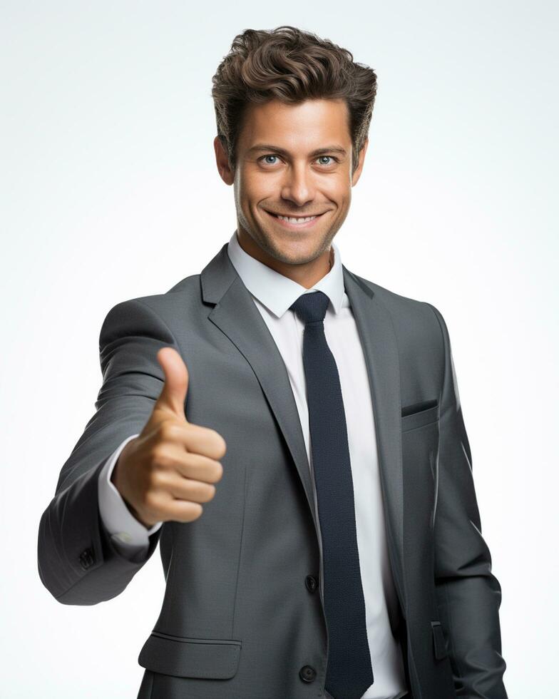 Ai generative photo business concept portrait of excited man dressed in formal wear giving thumbs up