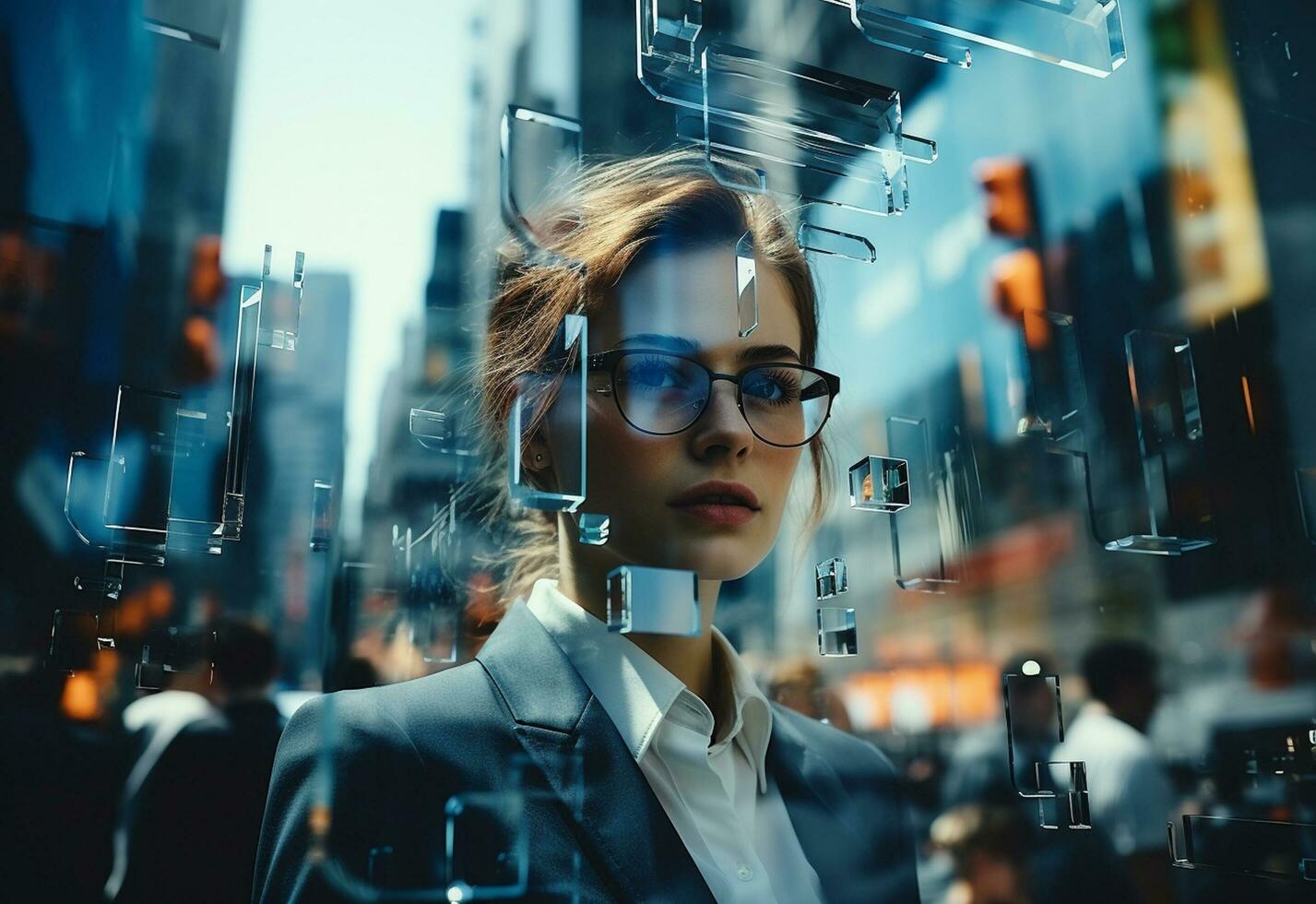 Ai generative Double Exposure of a Business women in the Cityscape Embodies Success and Future Plans realistic photo