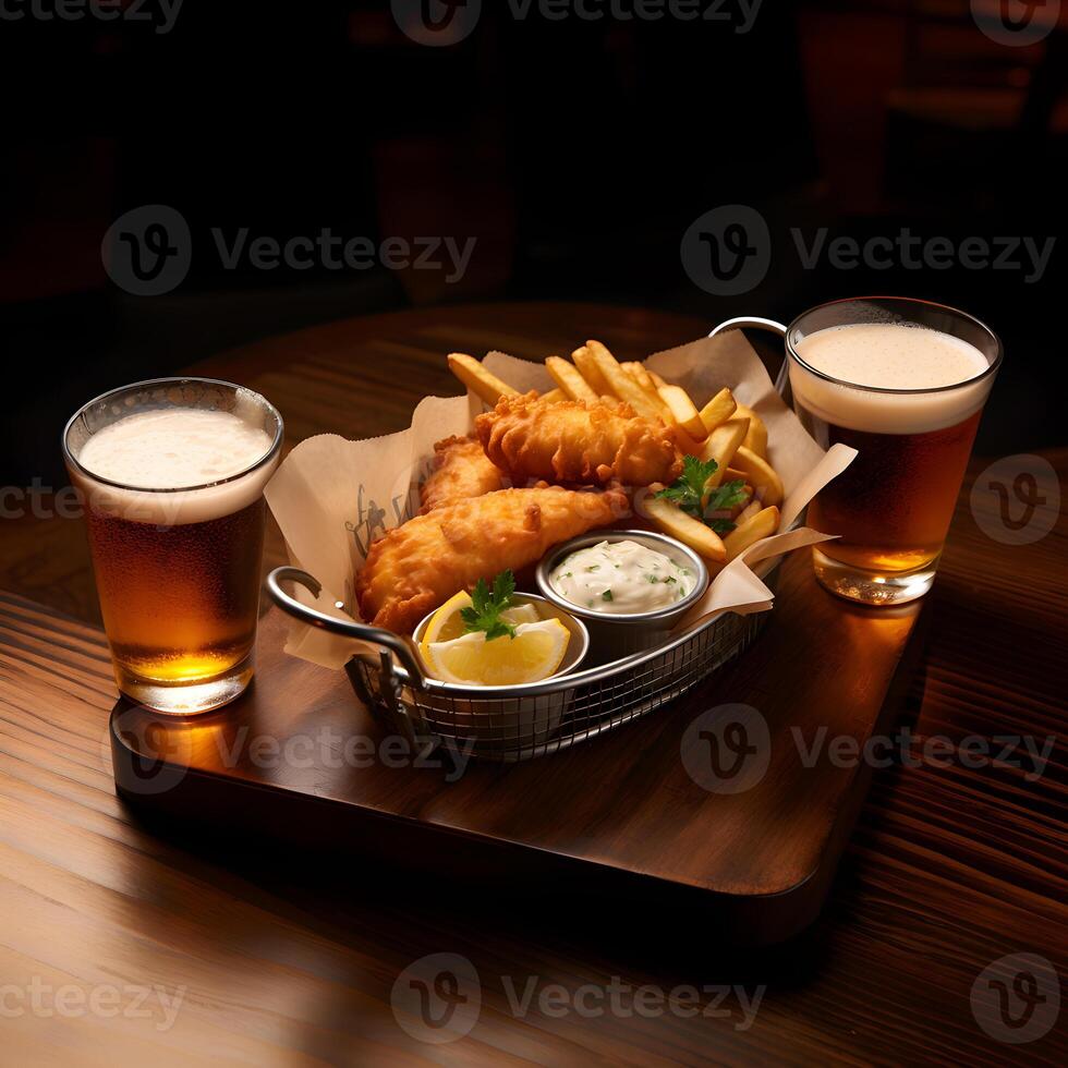 Crispy fish and chips basket with beer photo