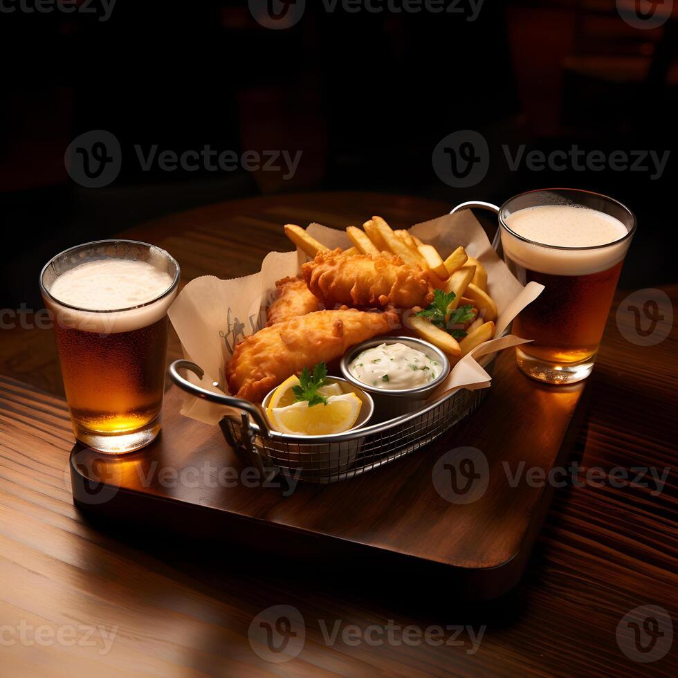 Crispy fish and chips basket with beer AI Generative photo