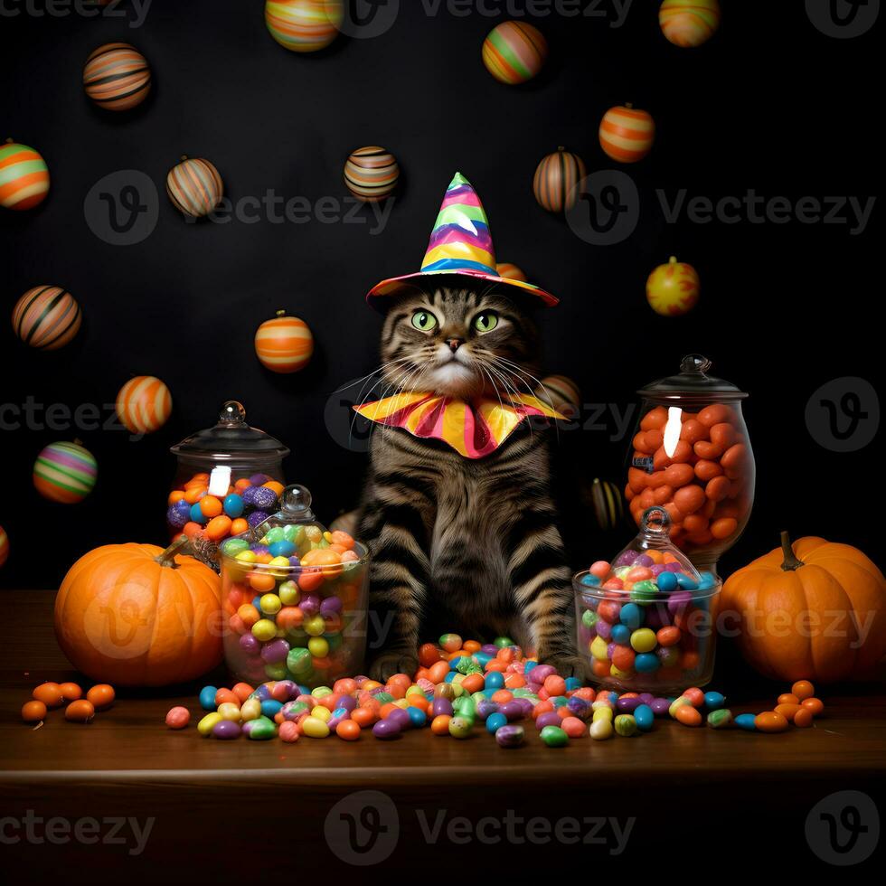 a holloween pumpkins, cat dressed as a witch wearing a black cape and a purple hat with colorful candy generated AI photo