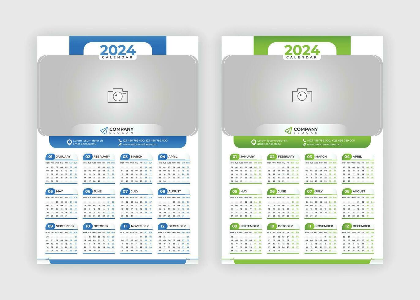 Wall Calendar 2024 Modern Simple One Page Design Corporate Business Annual Planner Template Set-Week Starts On Monday. vector