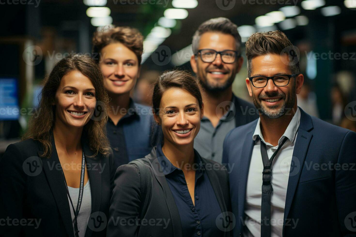 ai generativo grupo de contento negocio hombre y negocio mujer, vestido en trajes son sonriente, en el oficina foto