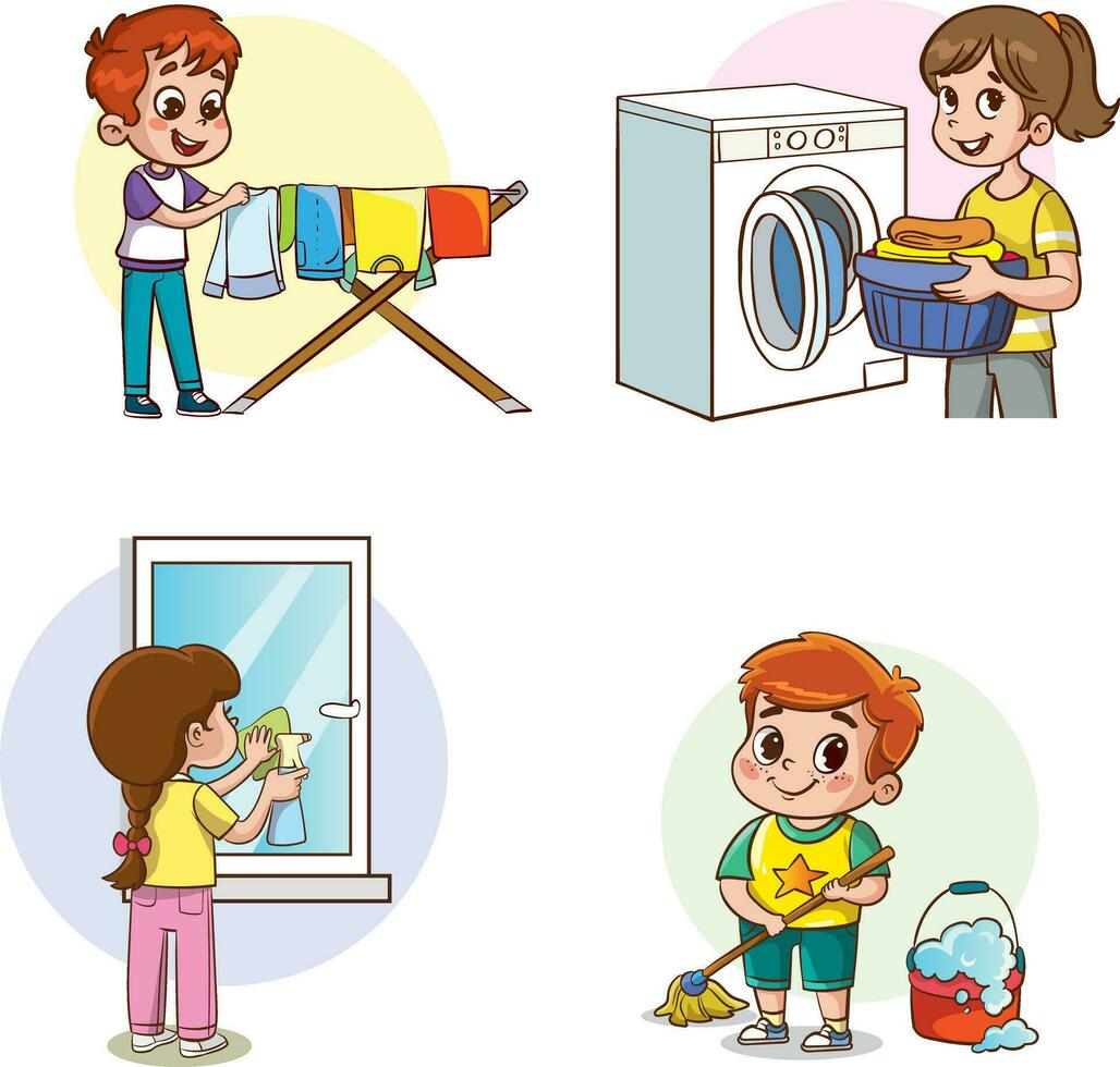 Cartoon kids doing housework, kids helping with housework. Boys and girls sweep, dust, wash dishes, mop the floor. cooking, washing laundry. vector