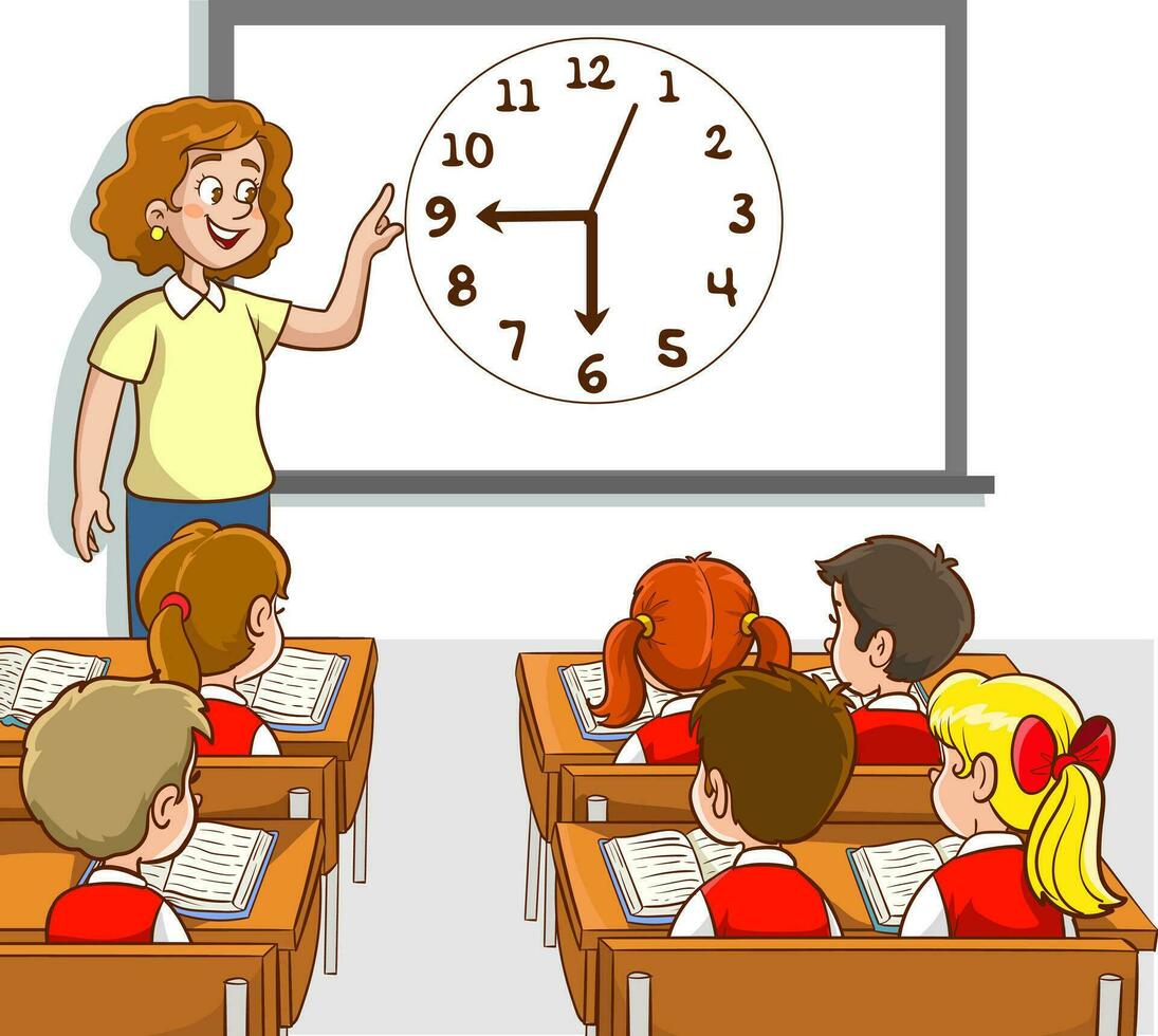 Education vector concept. Female teacher teaching about time to elementary school students in the class