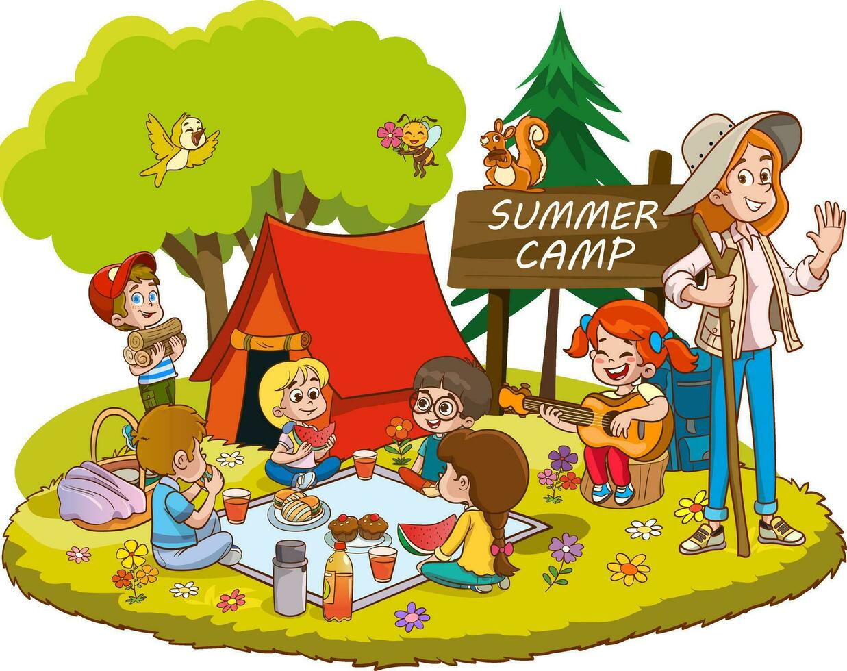 vector ilustración de niños verano acampar