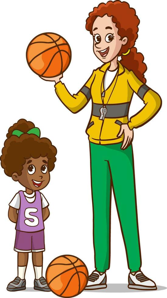 vector ilustración de niños baloncesto equipo y equipo entrenador