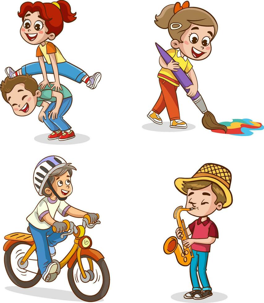 vector ilustración de niños haciendo varios Deportes y letras.
