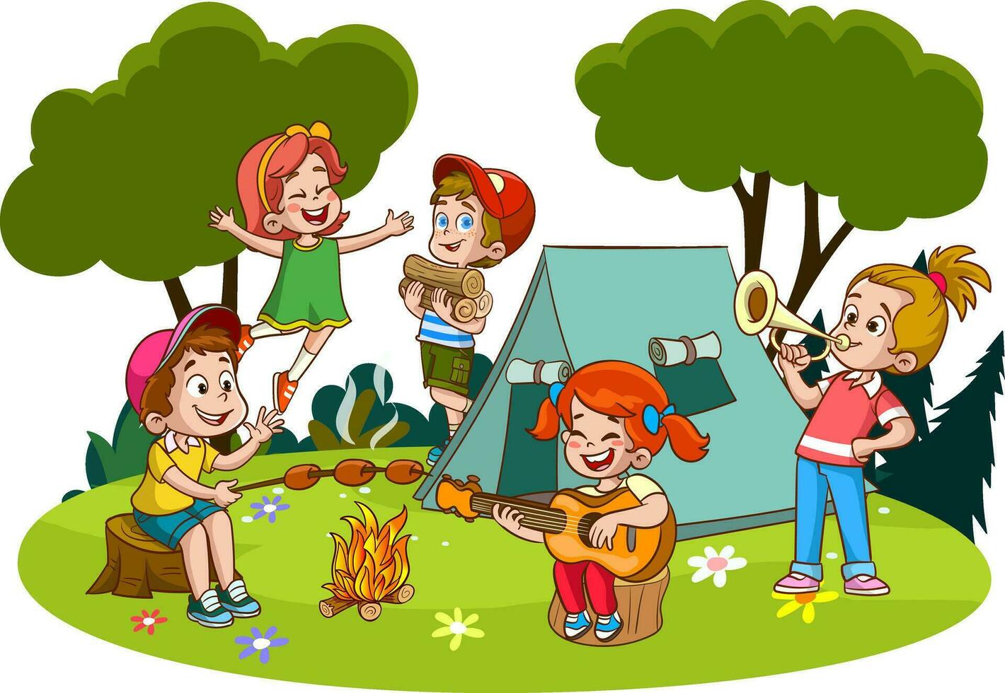 vector ilustración de niños verano acampar