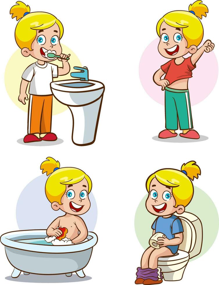 children washing face, washing hands, Brushing Teeth, Bathing, Washing Hands After Toilet.vector illustration of a child's bathroom routine vector