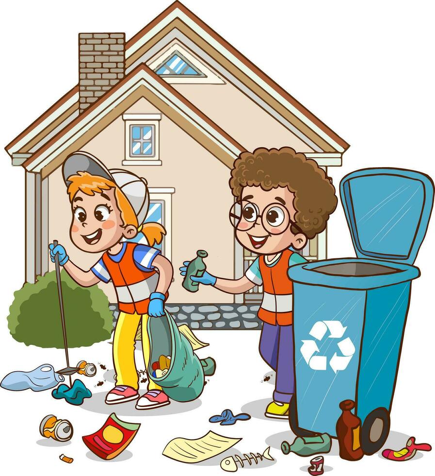 Kids clean up garden or park from garbage, volunteers collecting plastic bottles and cans vector