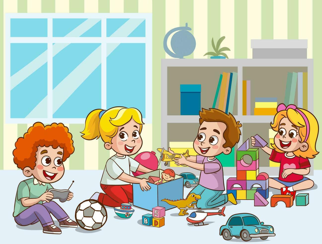 cute little kids playing with toys in preschool classroom vector