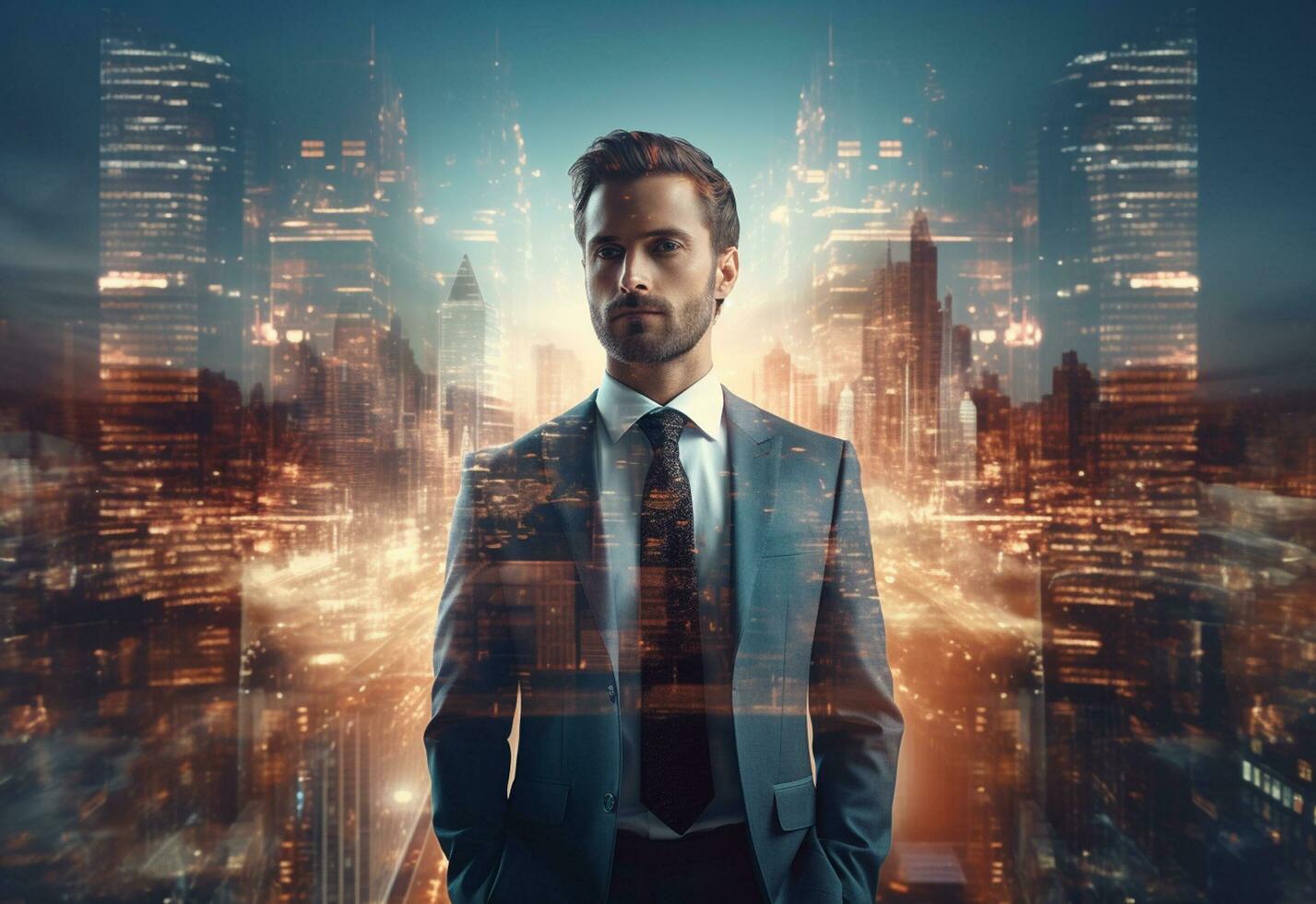 Ai generative A Double Exposure of a Businessman in the Cityscape Embodies Success and Future Plans photo