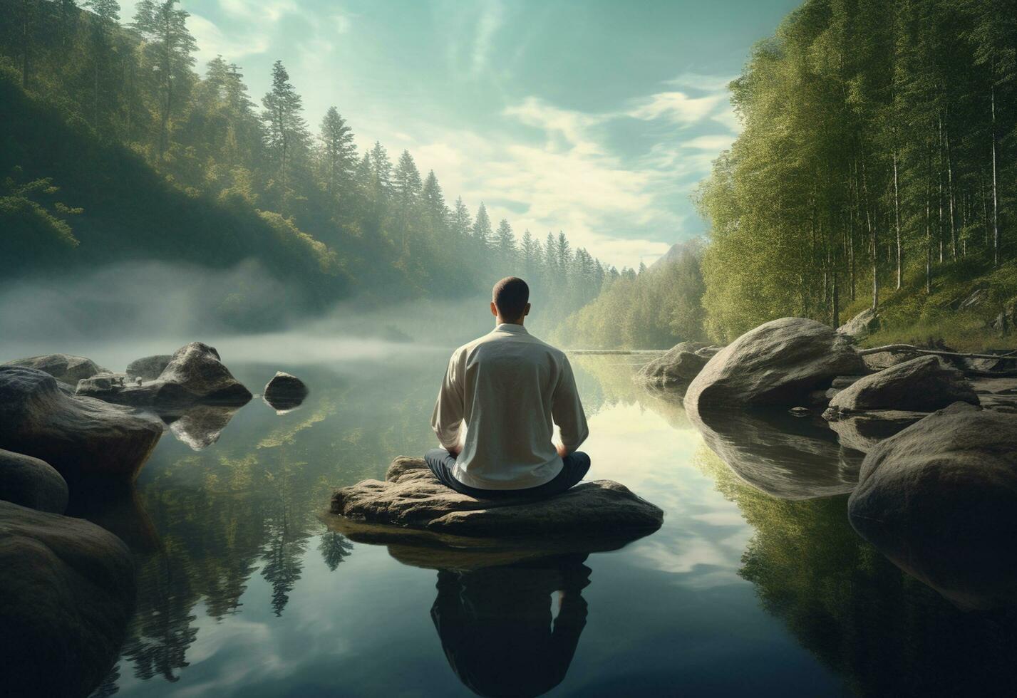 ai generative photo of a man practicing mindfulness and meditation in a peaceful natural environment sony A7s realistic image, ultra hd, high design very detailed