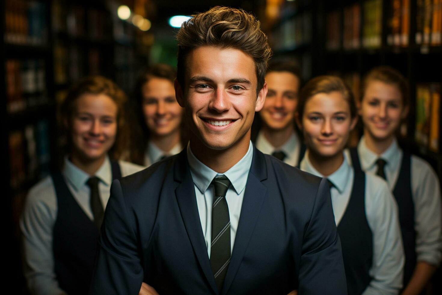 ai generativo grupo de contento negocio hombre y negocio mujer, vestido en trajes son sonriente, en el oficina foto