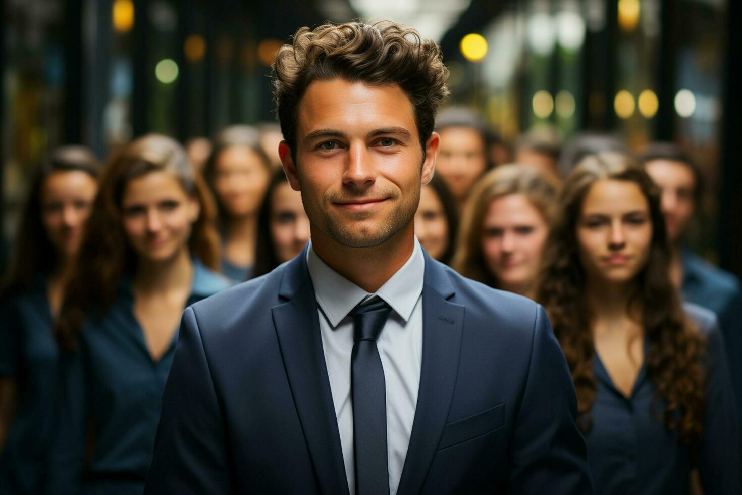 Ai Generative group of happy business man and business women, dressed in suits are smiling, in the office photo