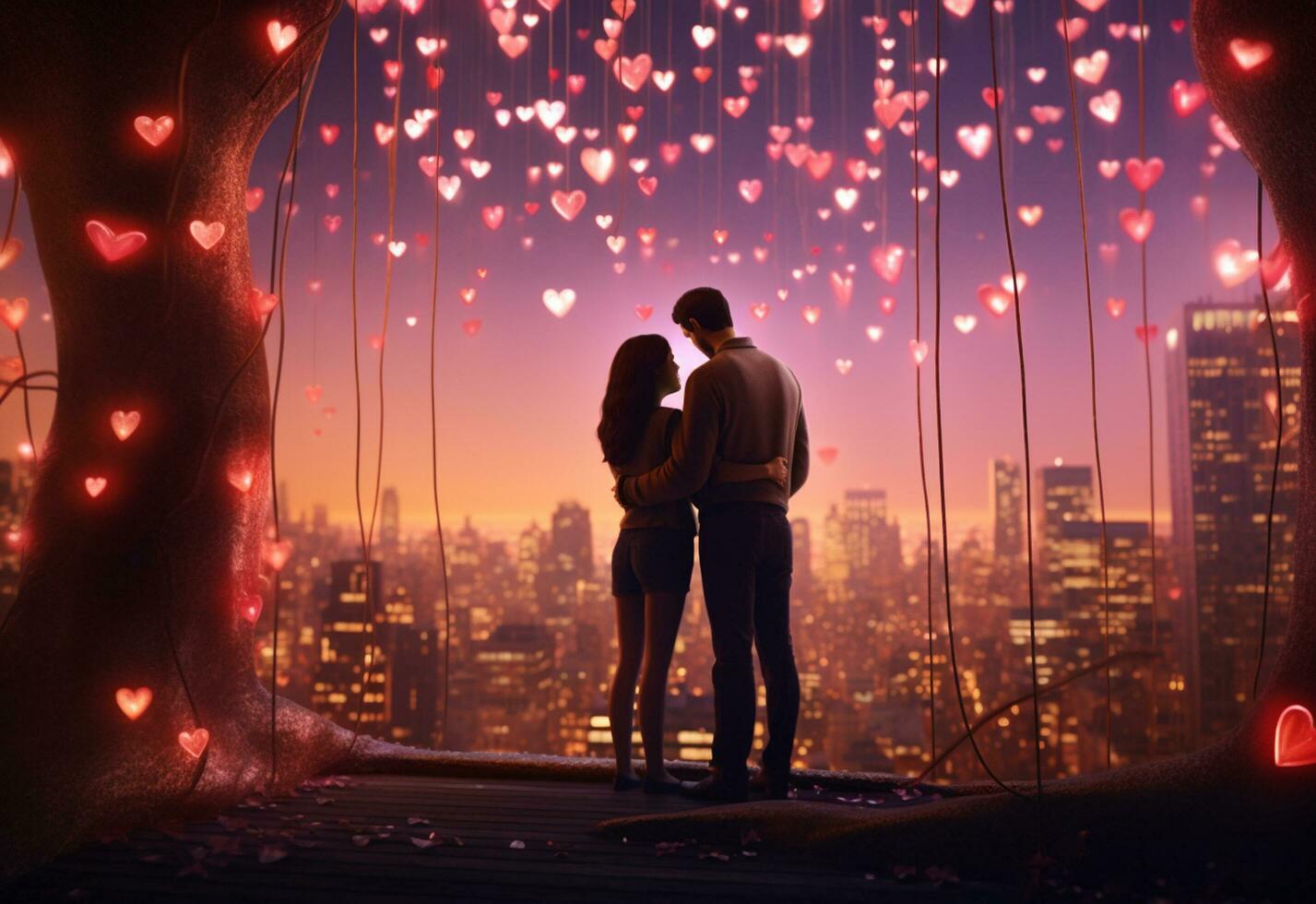 ai generativo un Pareja abrazando cada otro en San Valentín día, zona iluminado por el calentar resplandor de colgando corazones foto