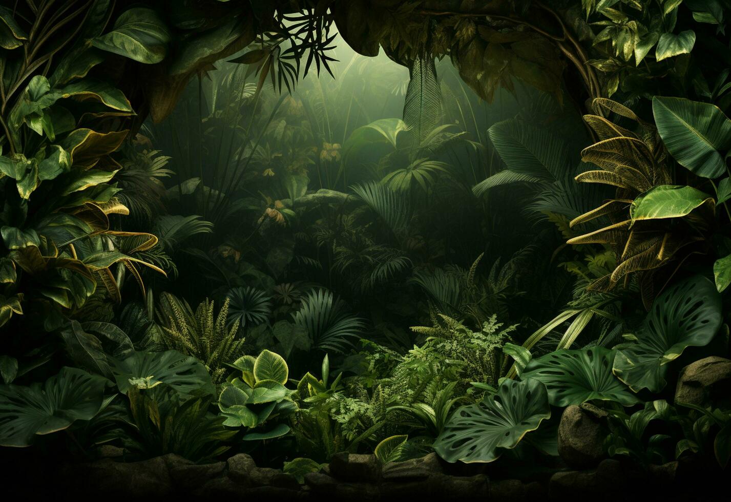 Ai Generative Beautiful jungle background with border made of tropical leaves backdrop with copy space photo