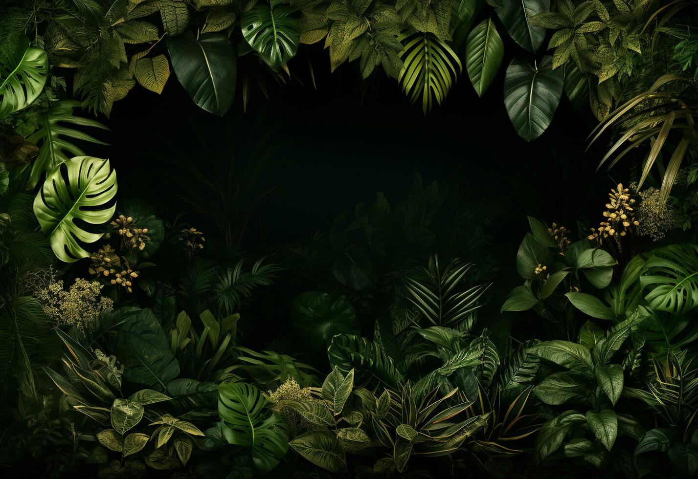 Ai Generative Beautiful jungle background with border made of tropical leaves backdrop with copy space photo