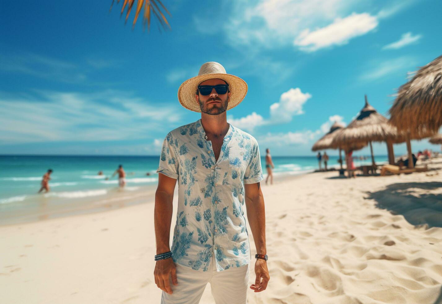 Ai generative back view young tourist man in summer dress and hat standing on beautiful sandy beach. enjoying. photo