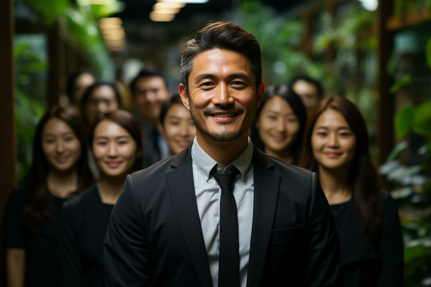 Ai Generative group of happy business man and business women, dressed in suits are smiling, in the office photo