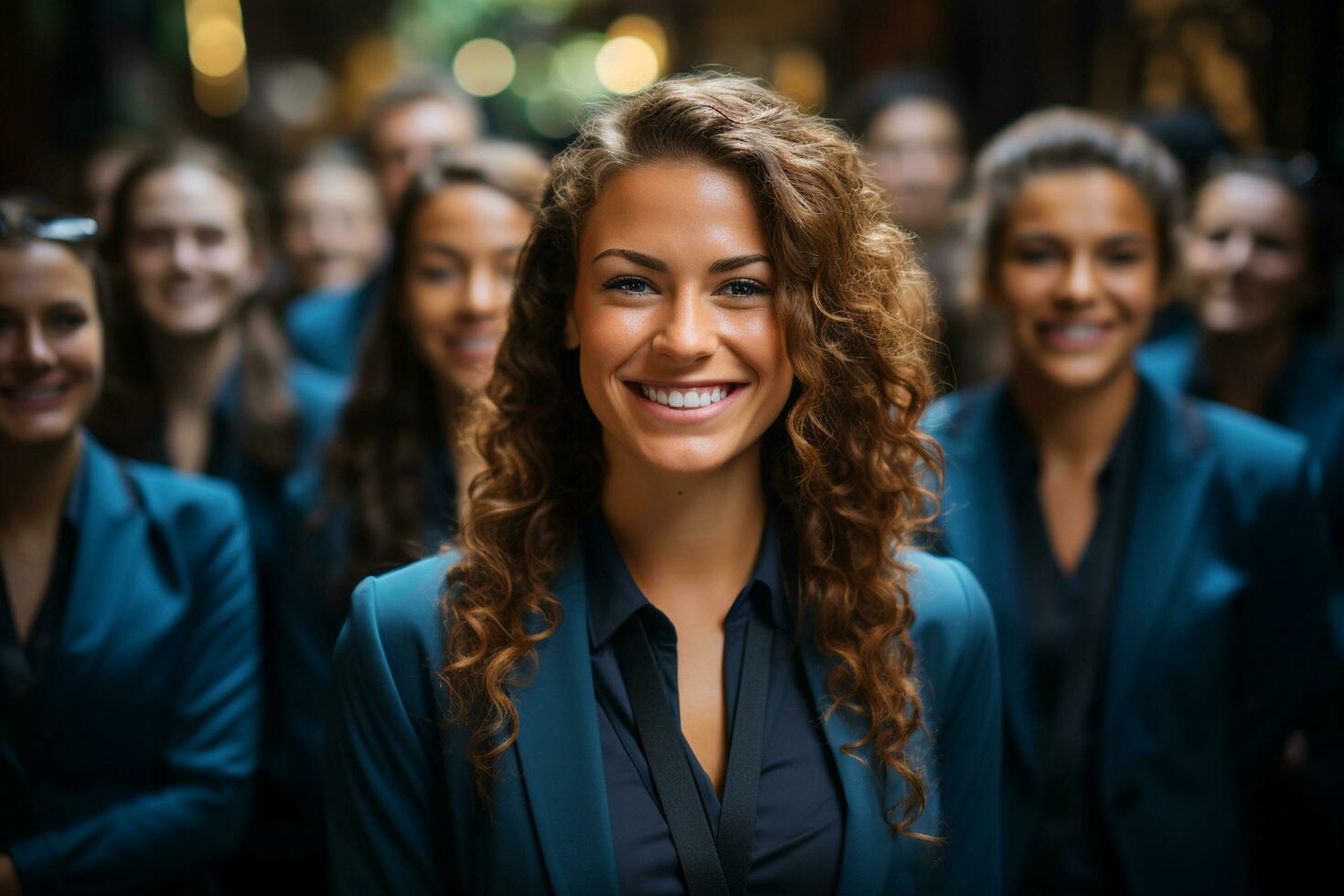 Ai Generative group of happy business man and business women, dressed in suits are smiling, in the office photo