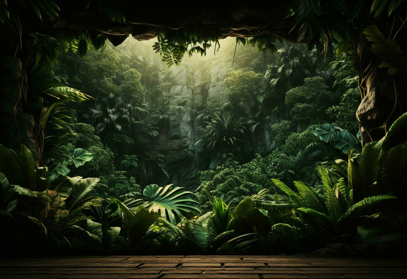 Ai Generative Beautiful jungle background with border made of tropical leaves backdrop with copy space photo