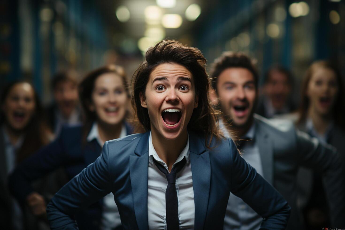 Ai Generative group of happy business man and business women, dressed in suits are smiling, in the office photo