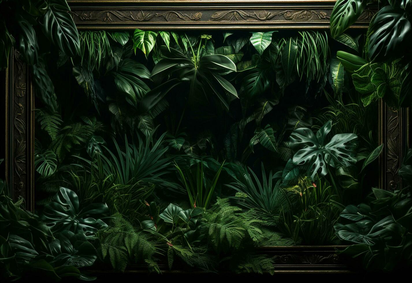 Ai Generative Beautiful jungle background with border made of tropical leaves backdrop with copy space photo