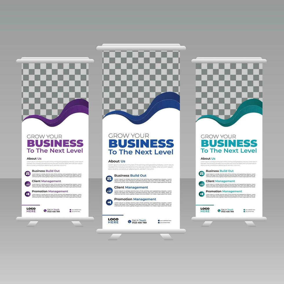 Creative business agency roll up banner design or pull up banner template 3 design, 3 color. Editable x-banner design vector template. Corporate business advertising marketing 2023.