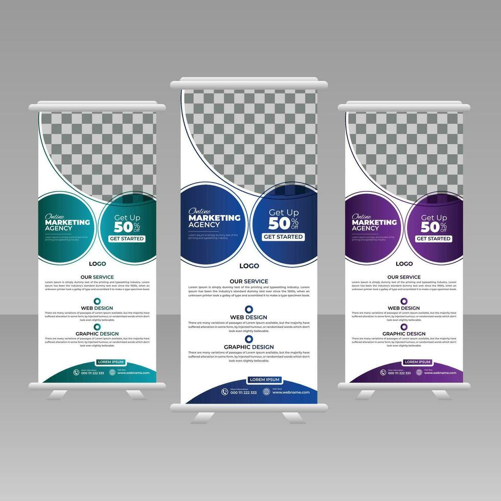 Creative business agency roll up banner design or pull up banner template 3 design, 3 color. Editable x-banner design vector template. Corporate business advertising marketing 2023.