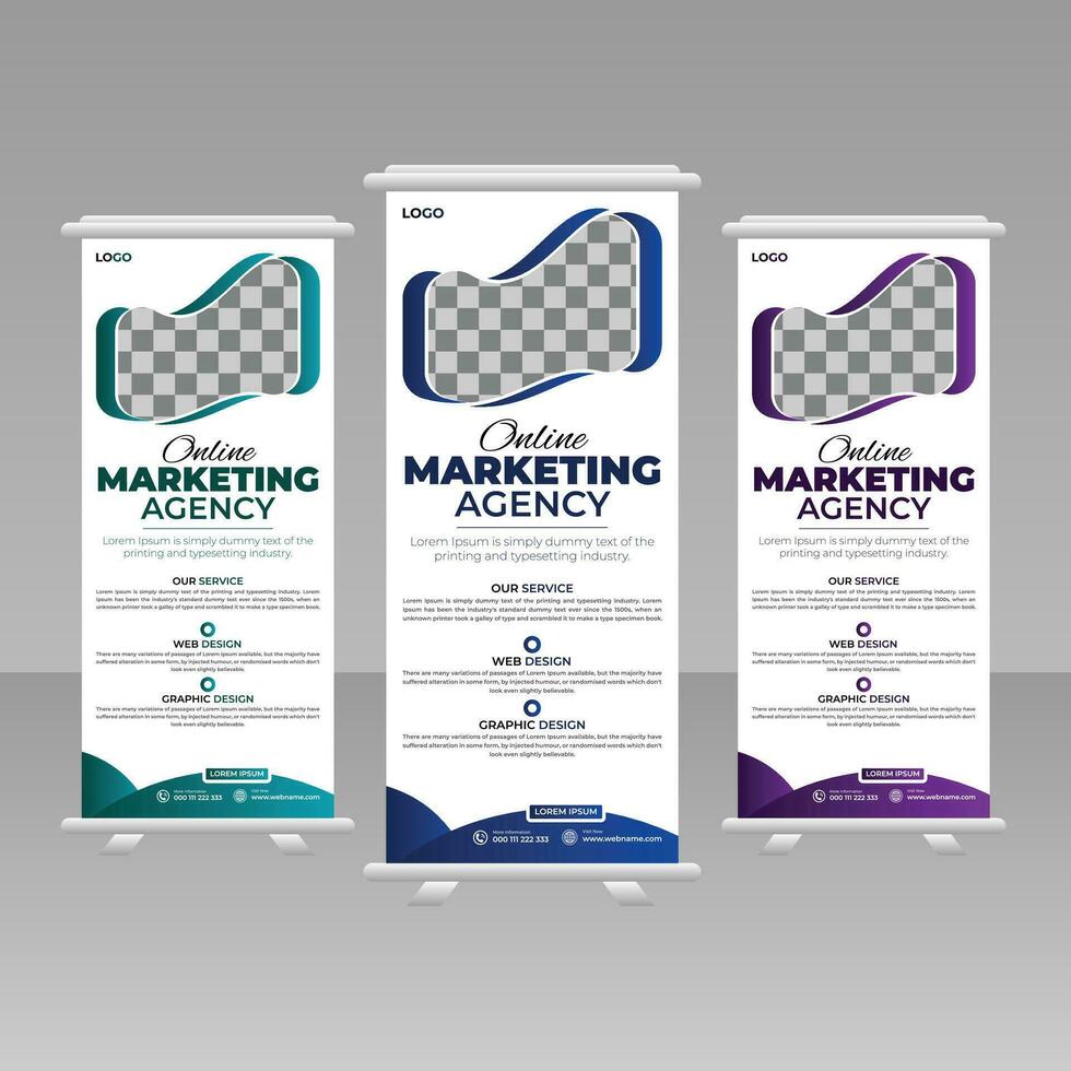 Creative business agency roll up banner design or pull up banner template 3 design, 3 color. Editable x-banner design vector template. Corporate business advertising marketing 2023.