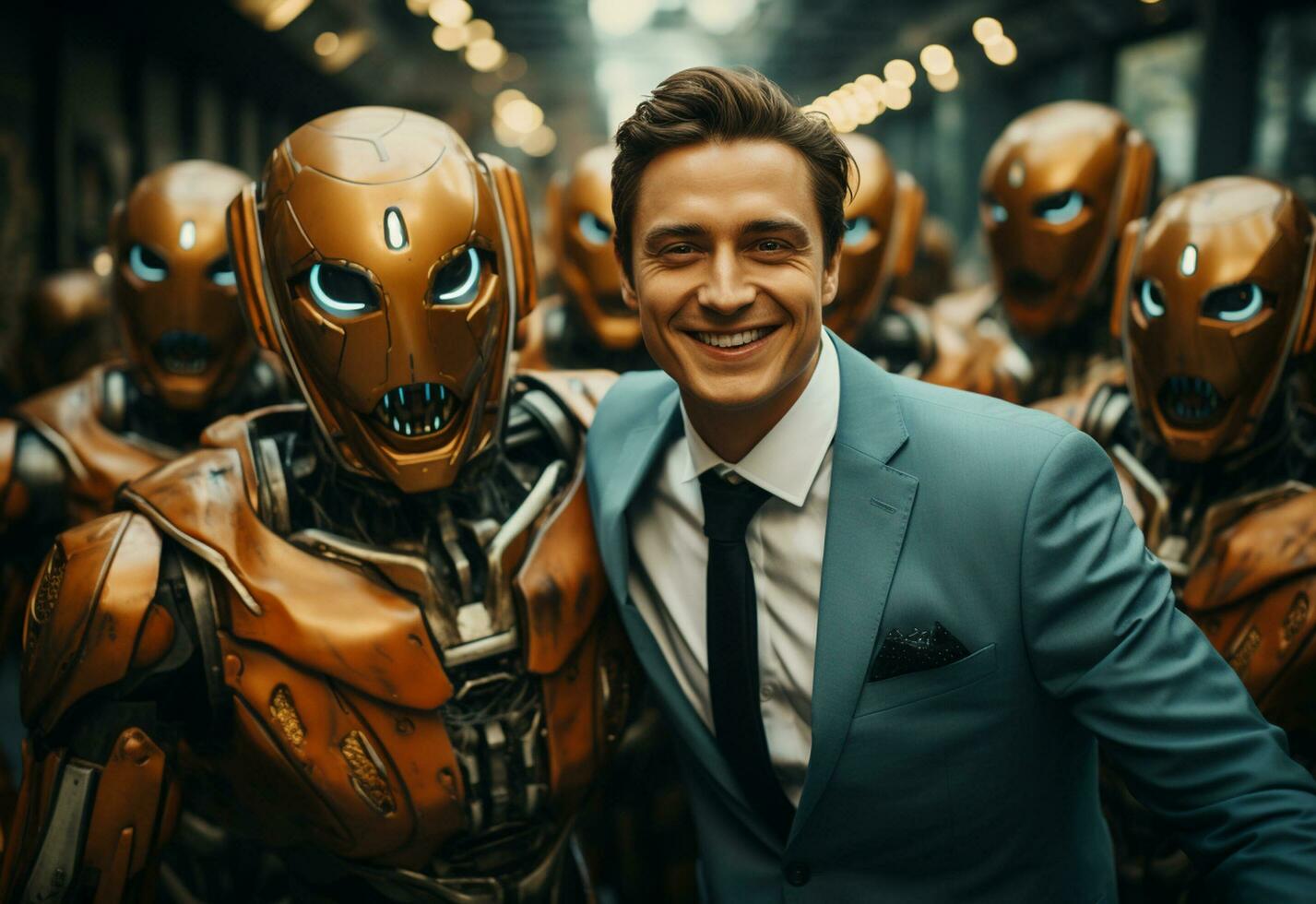 a man in a suit and tie standing next to a robot photo