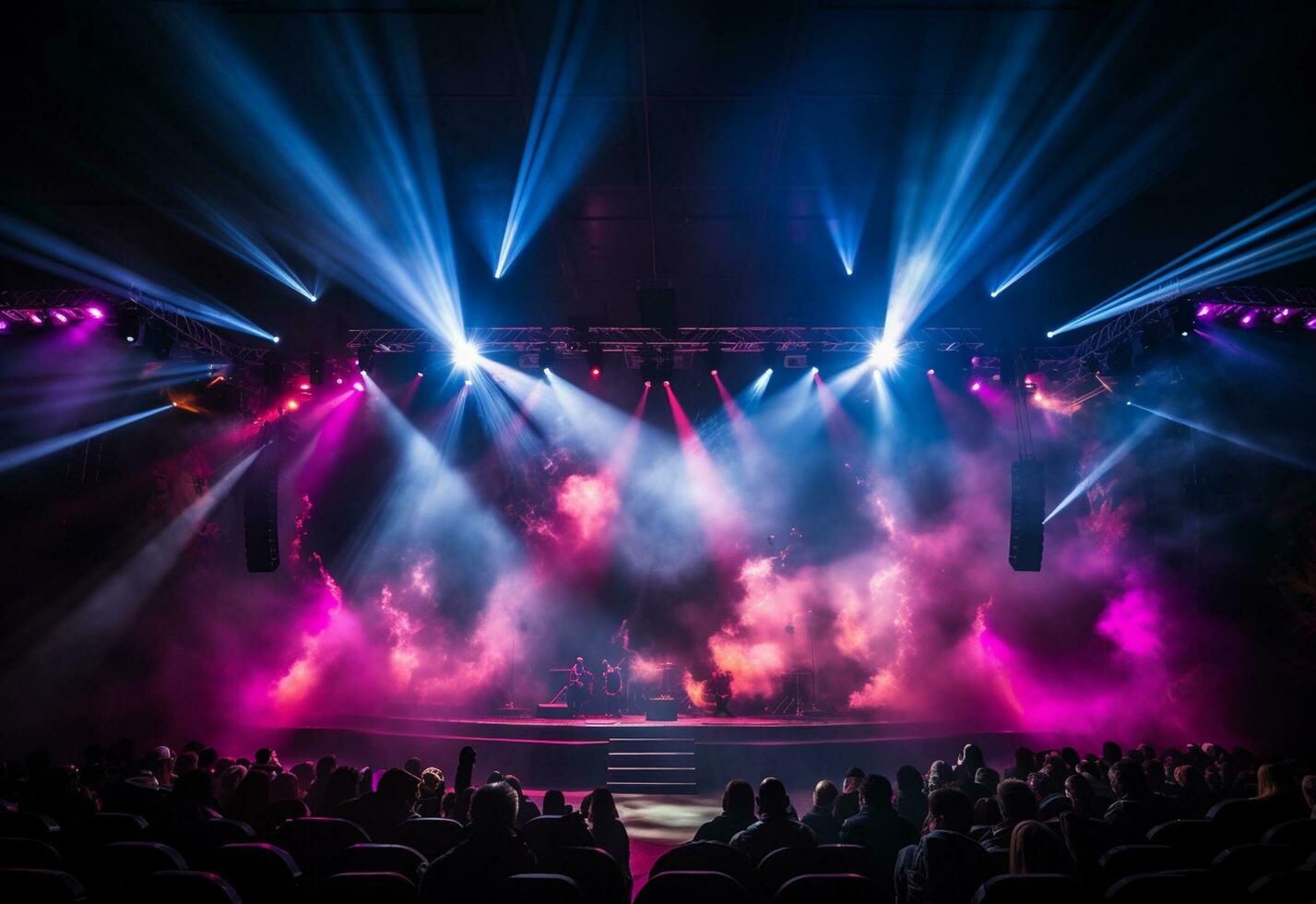 Ai generative Concert Stage Scenery With Spotlights Colored Lights Smoke photo