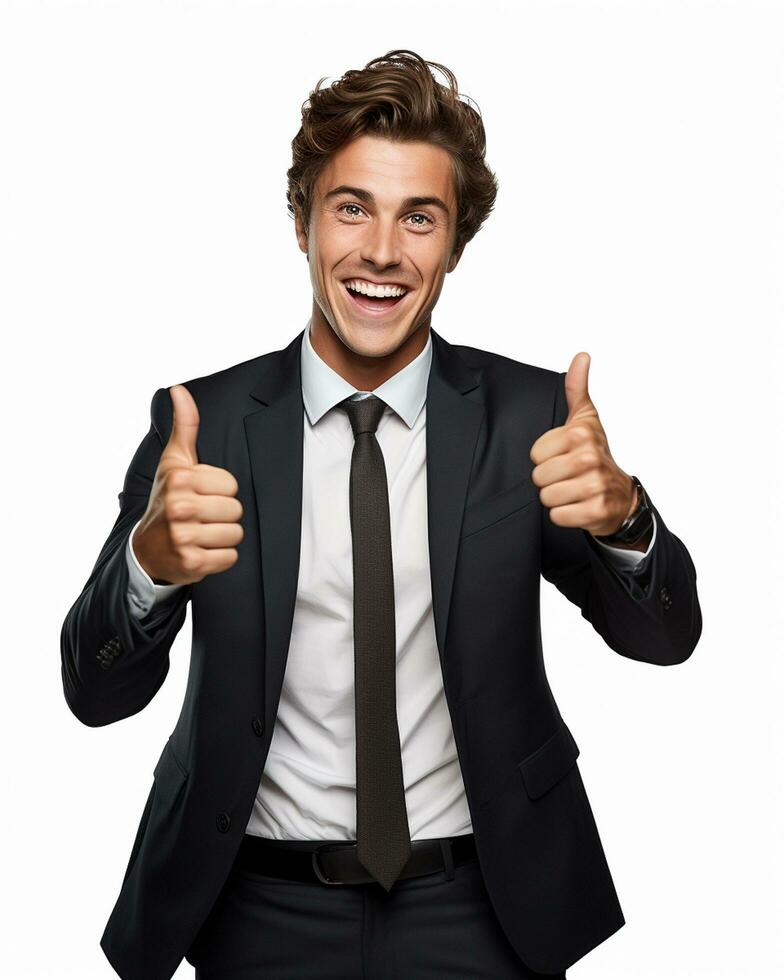Ai generative photo business concept portrait of excited man dressed in formal wear giving thumbs up