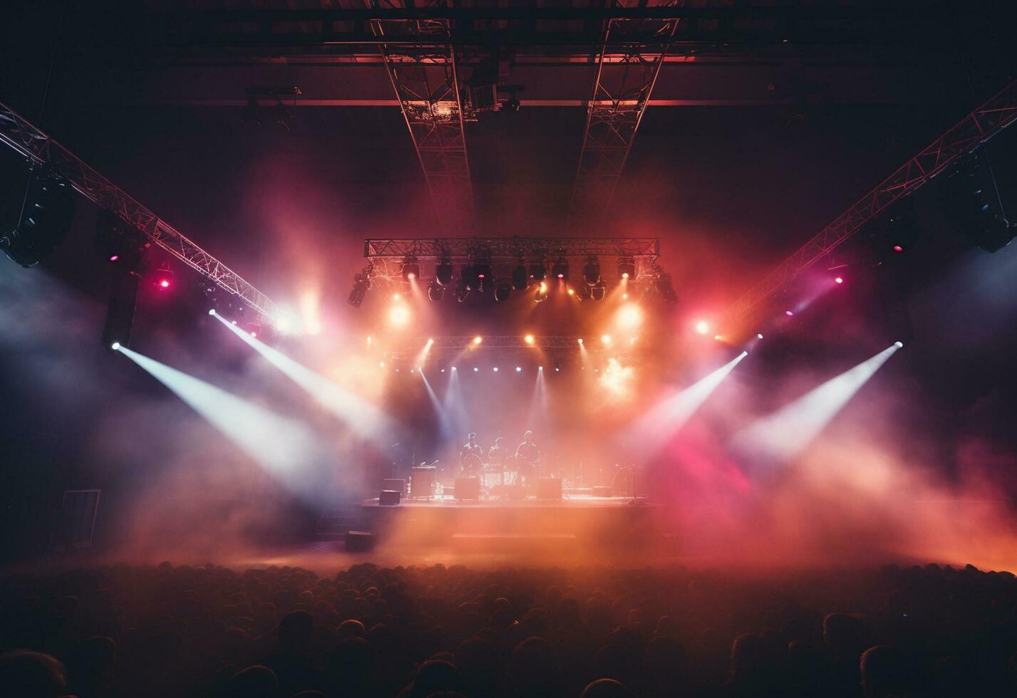 Ai generative Concert Stage Scenery With Spotlights Colored Lights Smoke photo