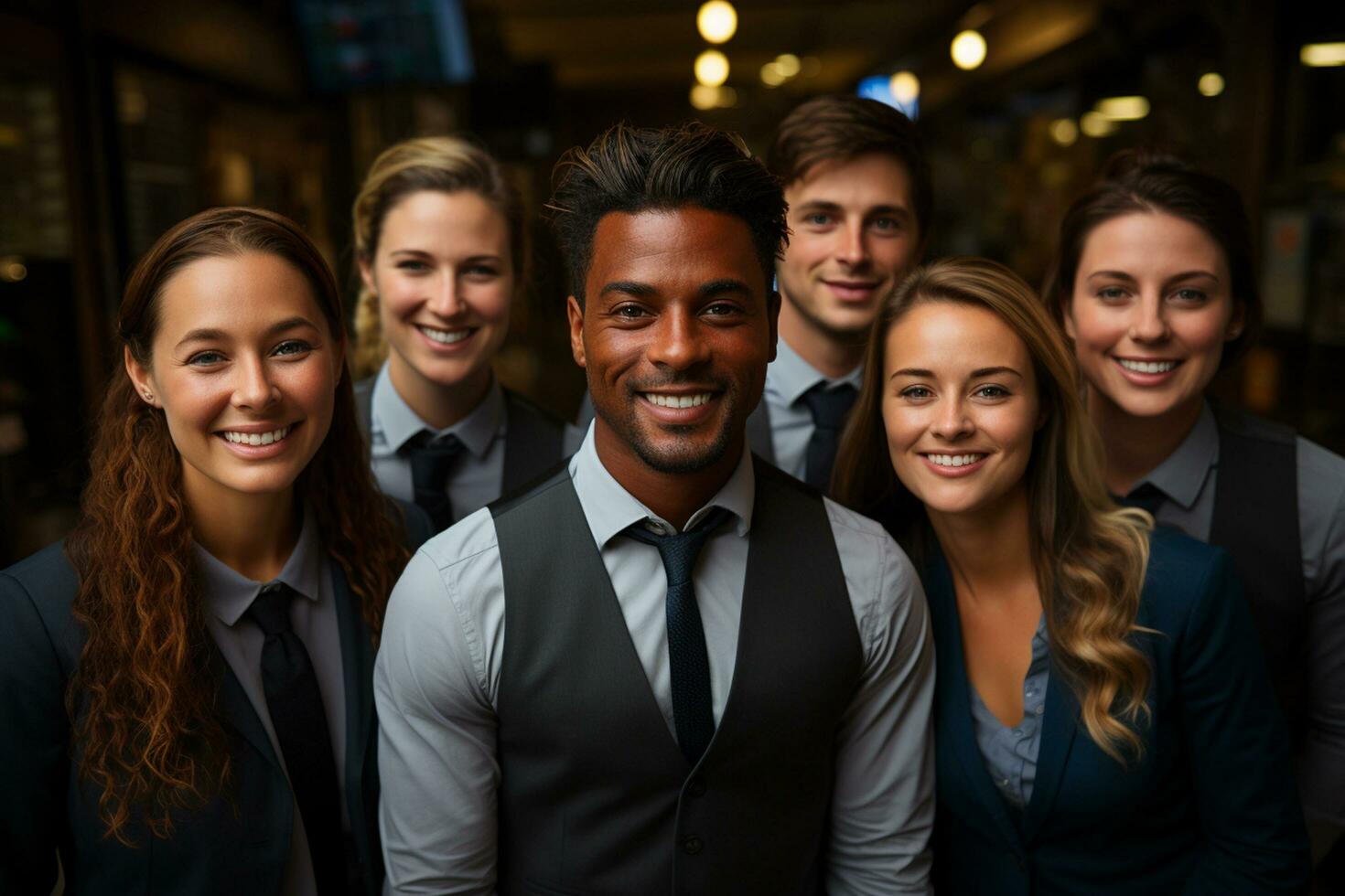 Ai Generative group of happy business man and business women, dressed in suits are smiling, in the office photo