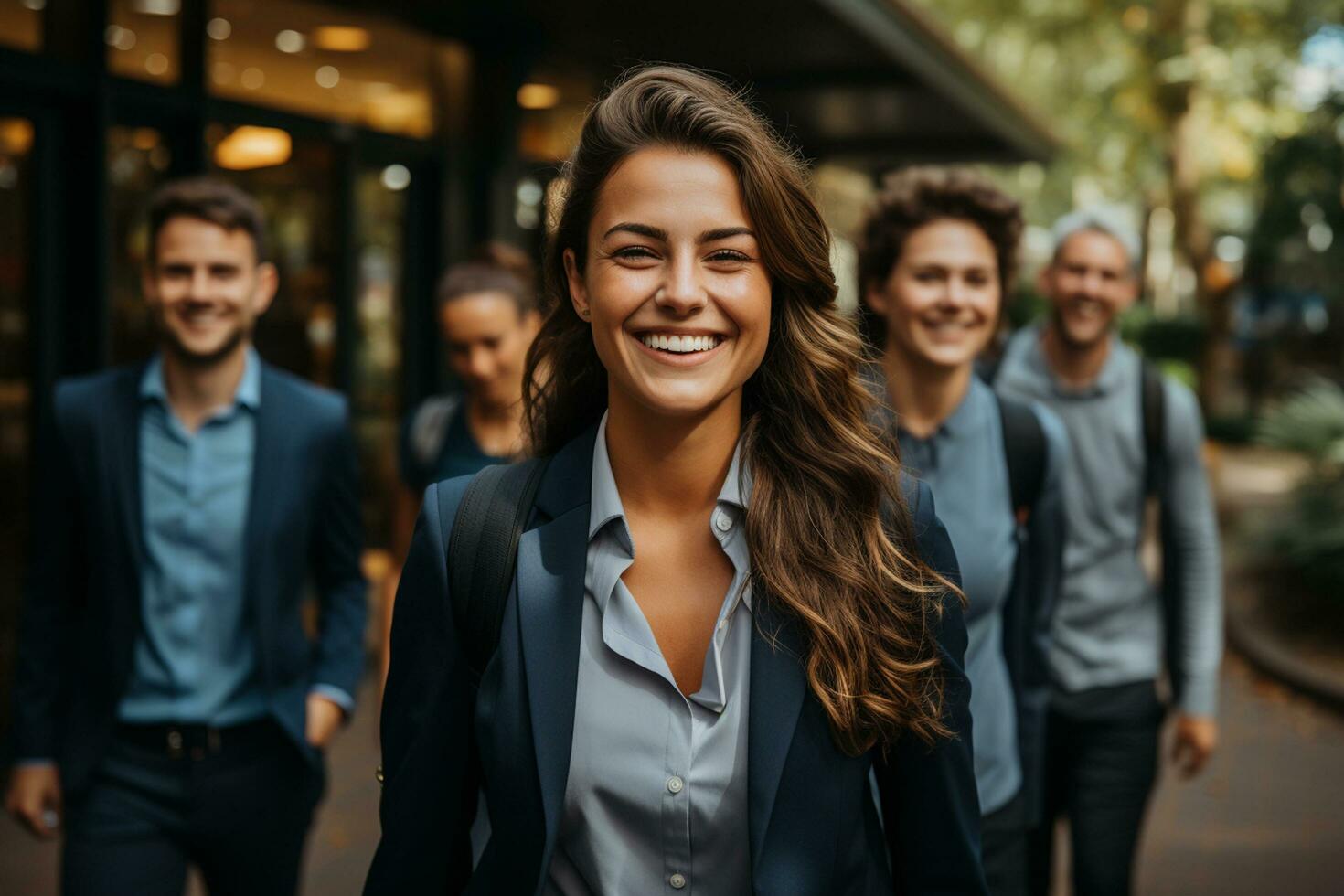 Ai Generative group of happy business man and business women, dressed in suits are smiling, in the office photo
