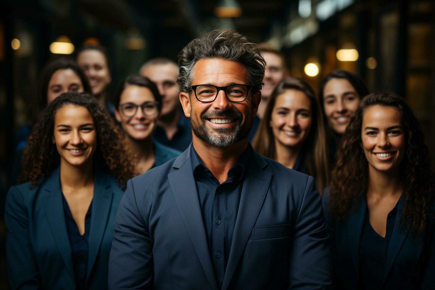 Ai Generative group of happy business man and business women, dressed in suits are smiling, in the office photo