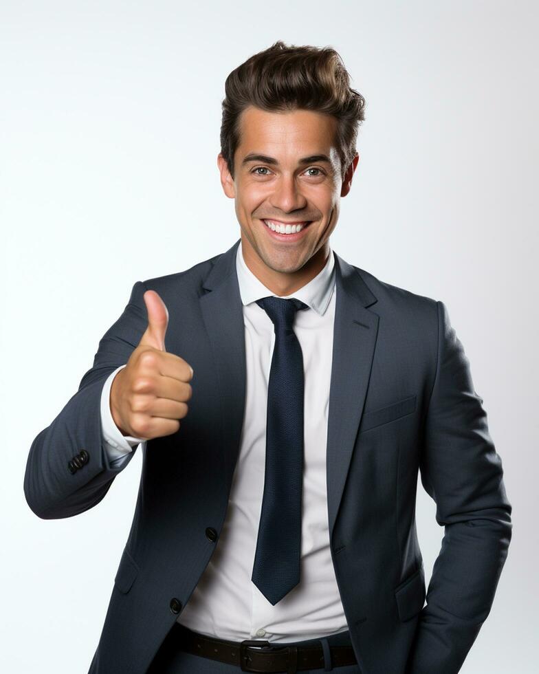 Ai generative photo business concept portrait of excited man dressed in formal wear giving thumbs up