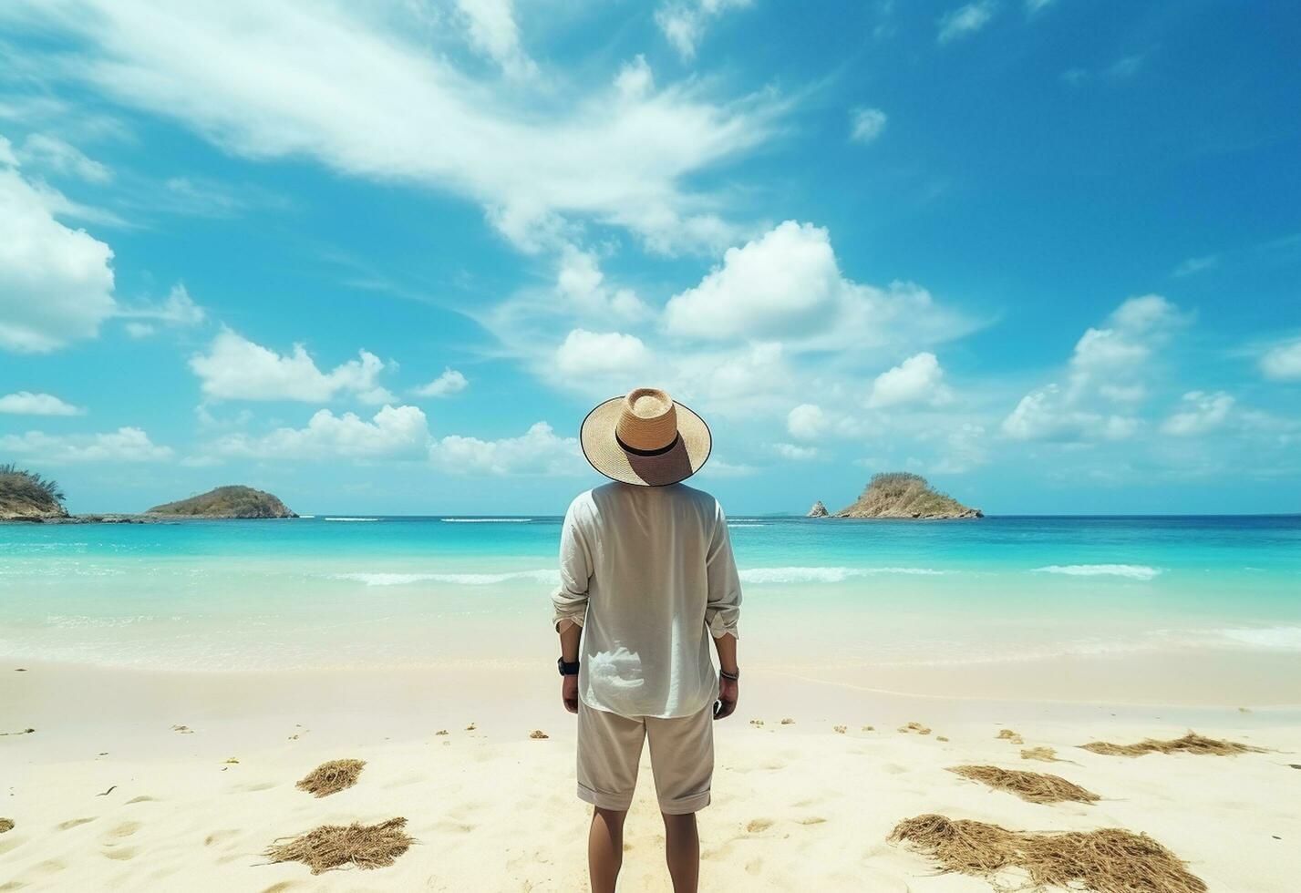 Ai generative back view young tourist man in summer dress and hat standing on beautiful sandy beach. enjoying. photo